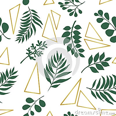 Trendy exotic leaves and gold elements. Seamless pattern. Stock Photo
